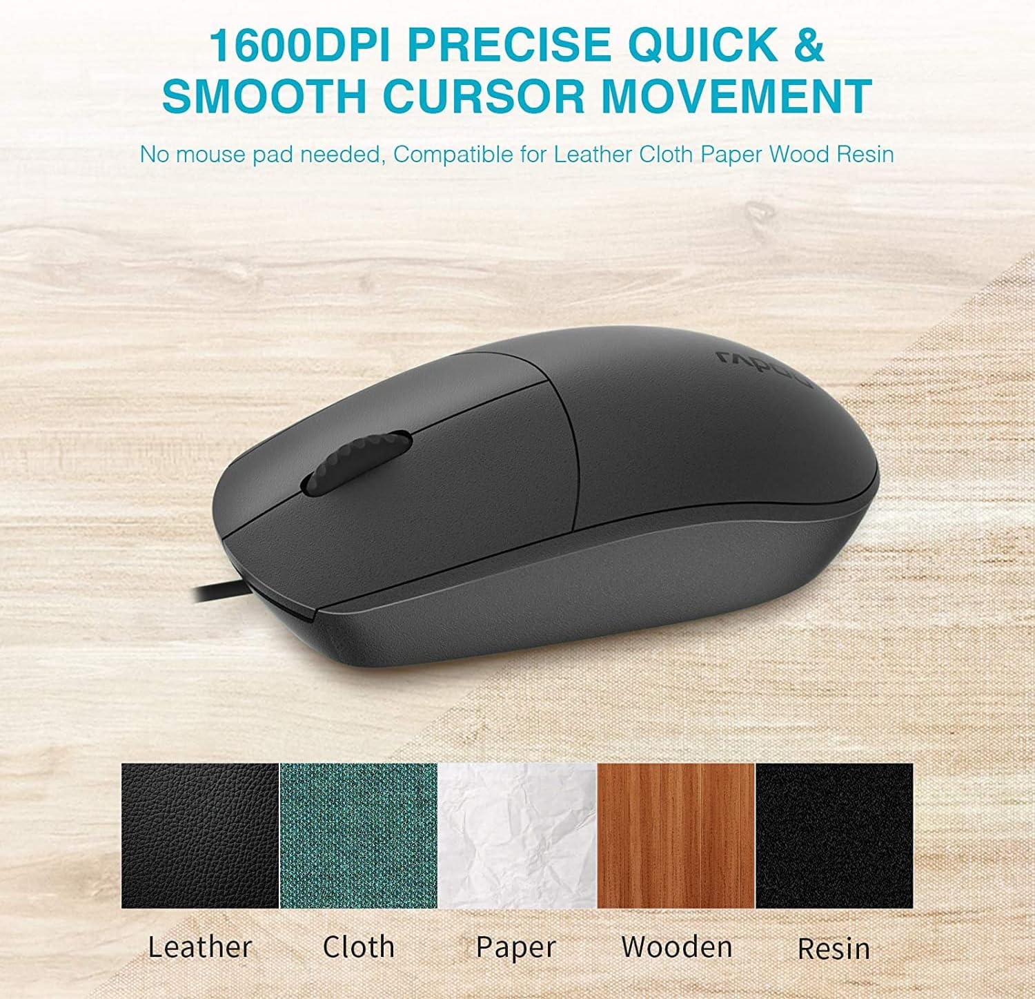 RAPOO 100 Wired USB Mouse, 3 yr Warranty, 1600 DPI Optical Tracking, Ambidextrous PC/Mac/Laptop