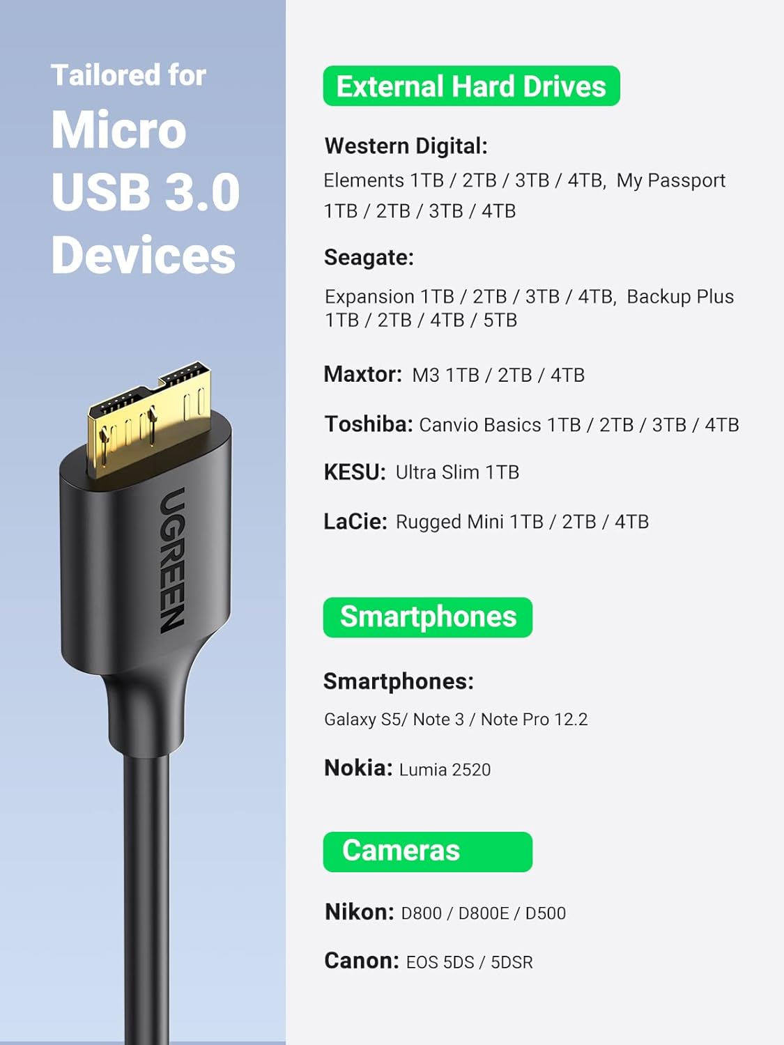 کابل هارد USB3.0 Micro B یوگرین طول یک متر مدل US130 10841 مشخصات