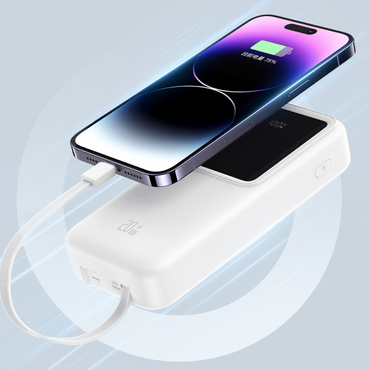 پاوربانک یوسمز 20000 میلی آمپر مدل USAMS CD212 20W متصل به گوشی بالای آن