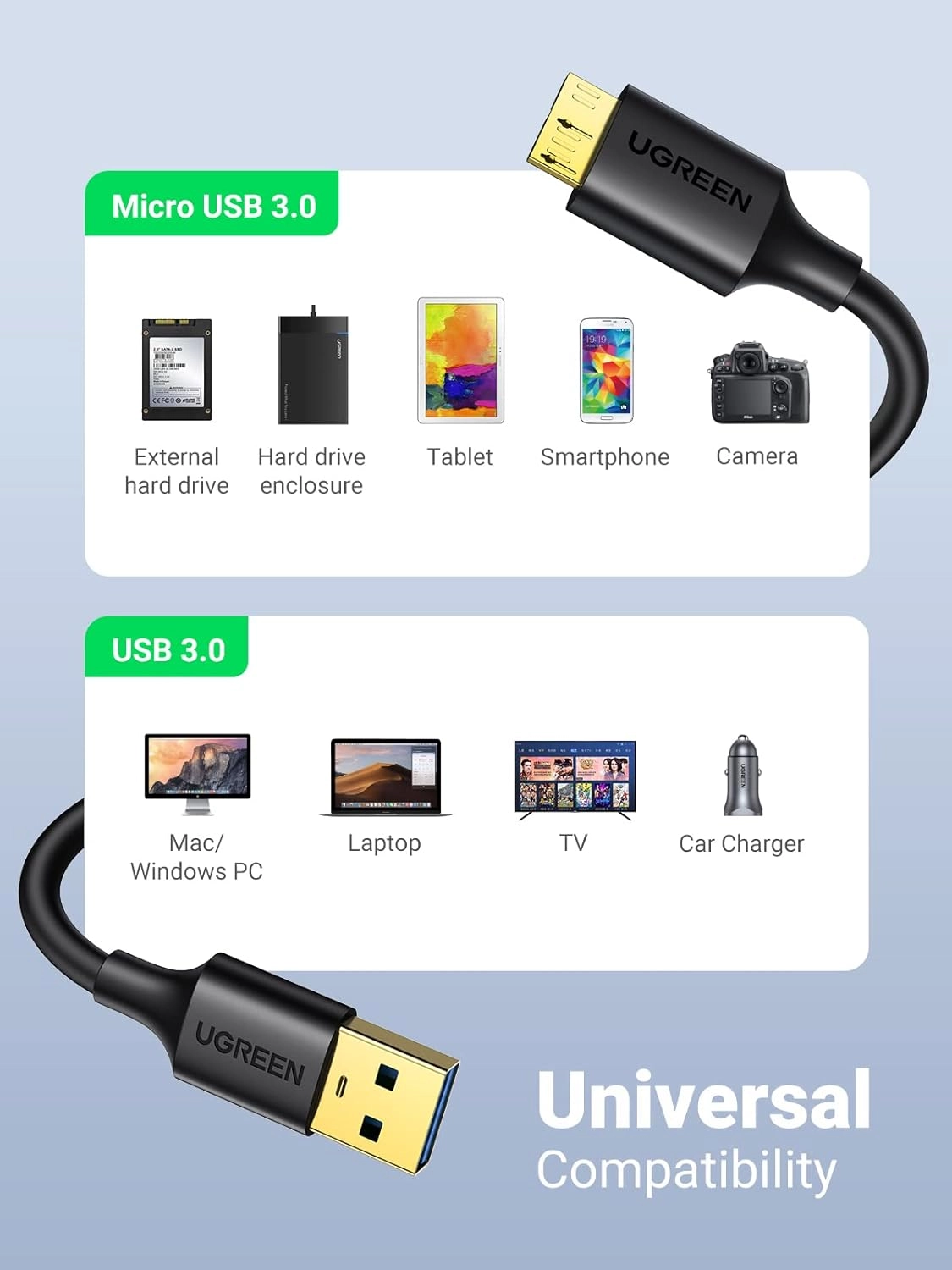 کابل هارد USB3.0 Micro B یوگرین طول نیم متر مدل US130 10840  ن