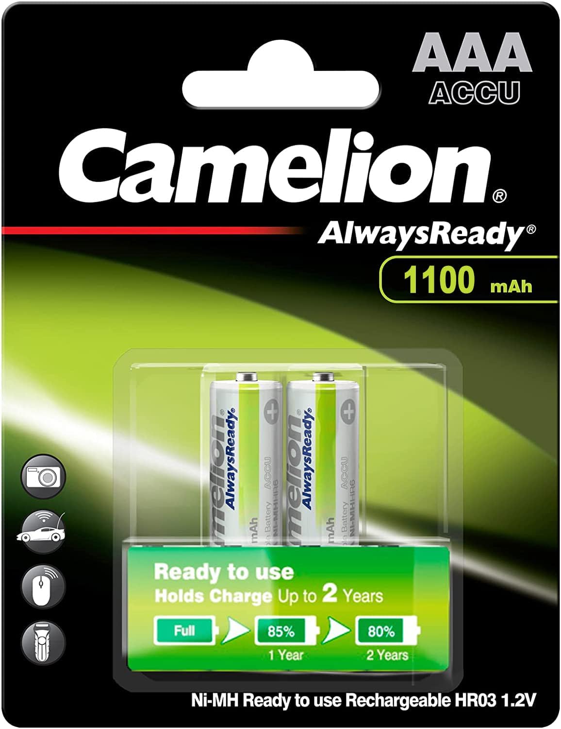 باتری نیم قلم شارژی کملیون 1100 میلی آمپر پک دوتایی AlwaysReady باپک