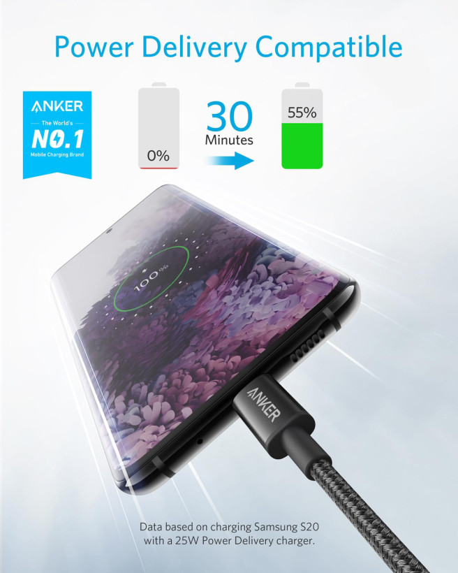 کابل USB-C به USB-C انکر مدل A8753H11 طول 1.8 متر وصل به موبایل