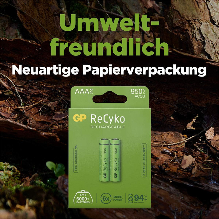 باتری نیم قلم شارژی جی پی مدل ReCyko Rechargeable 950mAh بسته دو عددی باپک و توضیحات
