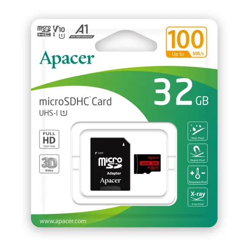 کارت حافظه اپیسر ظرفیت 32 گیگابایت همراه آداپتور مدل Apacer microSDXC/SDHC UHS-I U1 A1 W/1