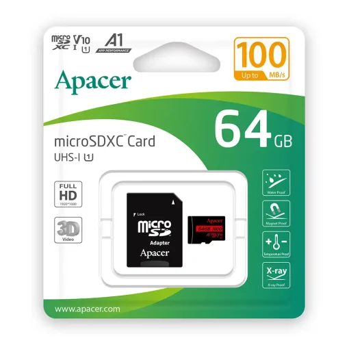کارت حافظه اپیسر ظرفیت 64 گیگابایت همراه آداپتور مدل Apacer microSDXC/SDHC UHS-I U1 A1 W/1