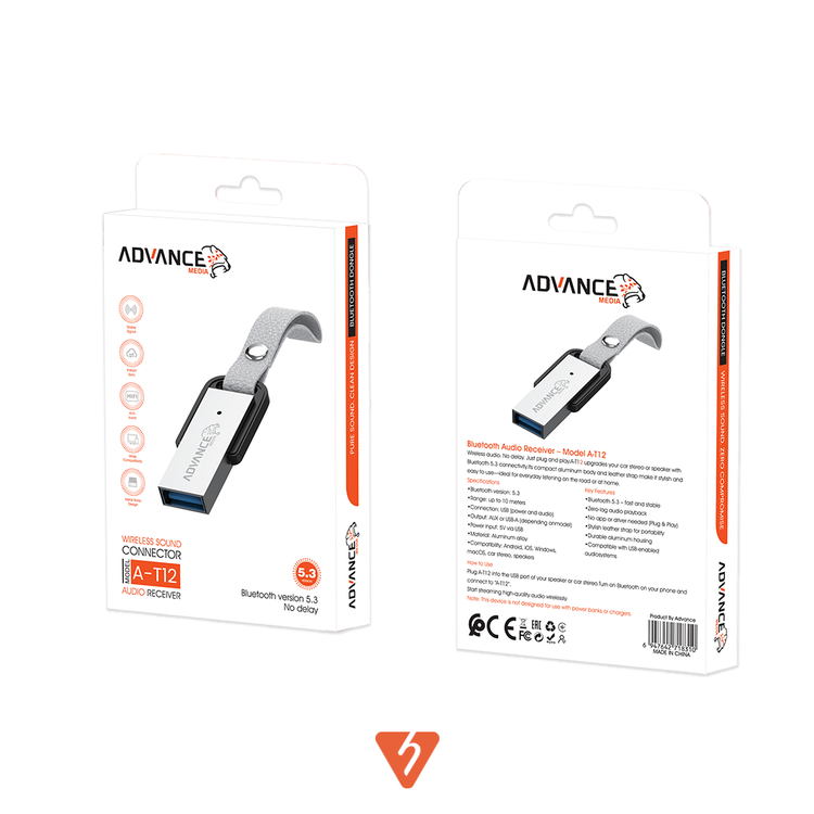 دانگل بلوتوث خودرو مدل A-T12 برند ادونس بسته بندی