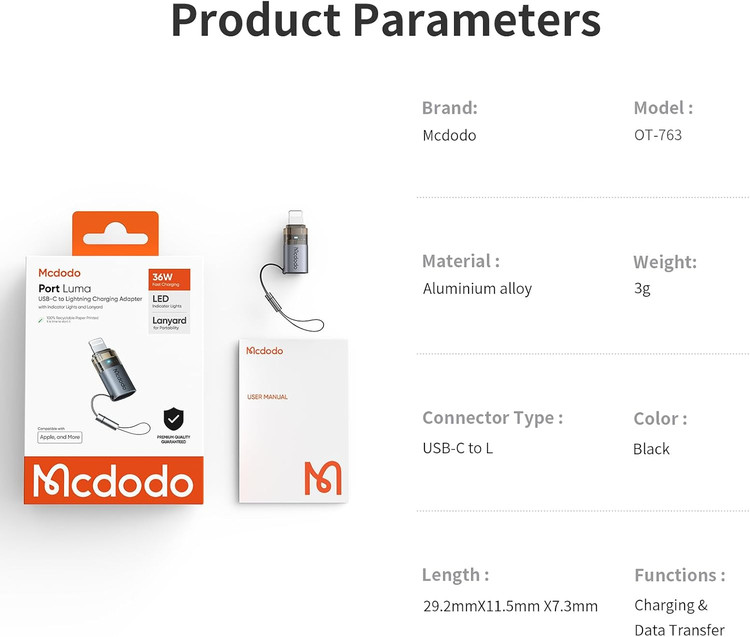 مبدل OTG مکدودو Mcdodo OT-7630 تبدیل Type-C به Lightning توان 36 وات با پشتیبانی از فست شارژ PD و انتقال دیتا