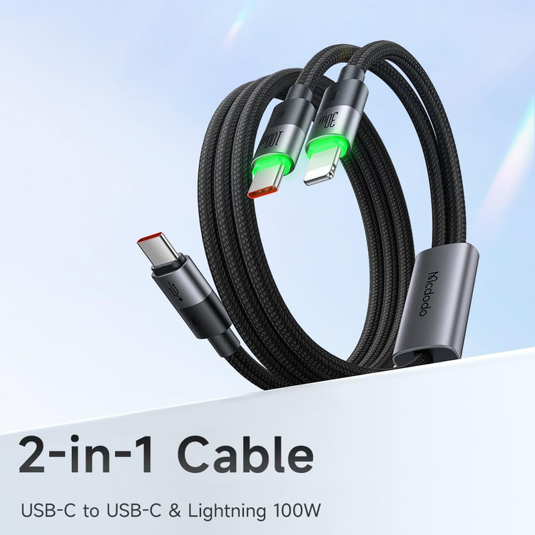 کابل شارژ ۲ به ۱ مکدودو مدل CA-6700 تبدیل Type-C به Type-C و Lightning با توان ۱۰۰ وات و طول ۱.۵ متر