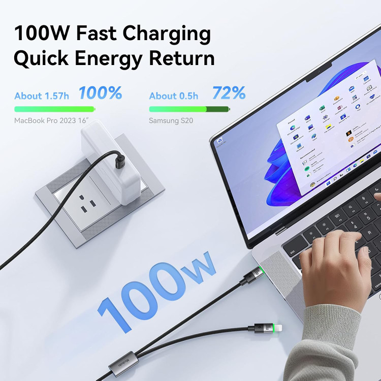 کابل شارژ ۲ به ۱ مکدودو مدل CA-6700 تبدیل Type-C به Type-C و Lightning با توان ۱۰۰ وات و طول ۱.۵ متر
