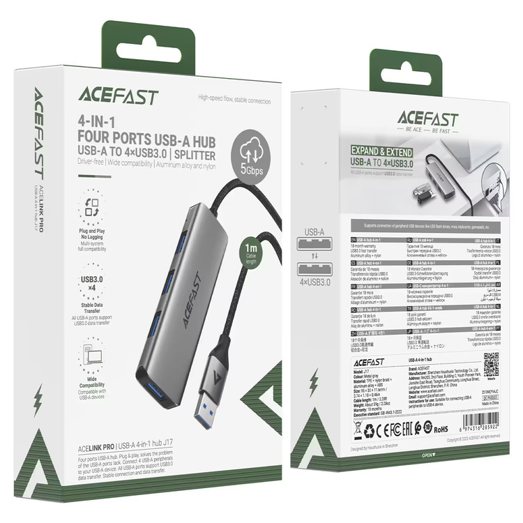 هاب ۴ پورت USB 3.0 ایسفست مدل ACEFAST J17 | کابل ۱ متری کنفی بافتهشده، بدنه آلومینیومی، سرعت انتقال ۵ گیگابیت بر ثانیه، Plug & Play