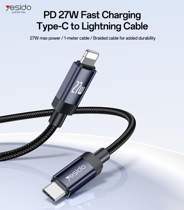 کابل تبدیل Type-C به لایتنینگ یسیدو Yesido مدل CA204P | توان ۲۷ وات، فست شارژ PD، طول ۱ متر، روکش کنفی