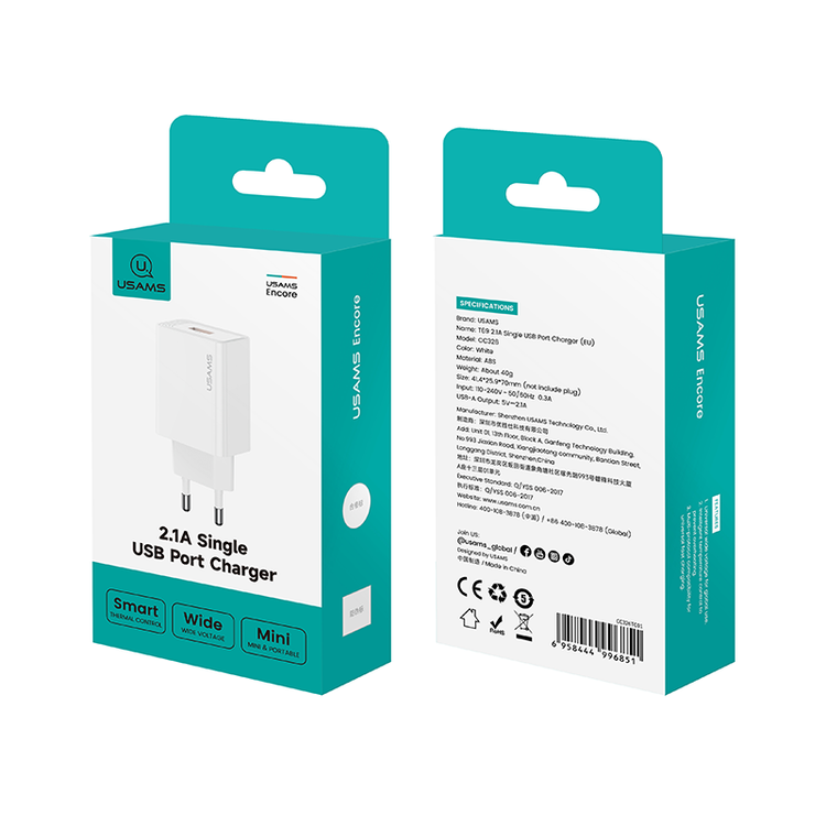 شارژر دیواری تک پورت یوسمز USAMS مدل CC326 T69 توان 10.5W / 2.1A | دوشاخه استاندارد ایران (EU Plug)، بدنه ضدحریق، سیستم هوشمند کنترل شارژ