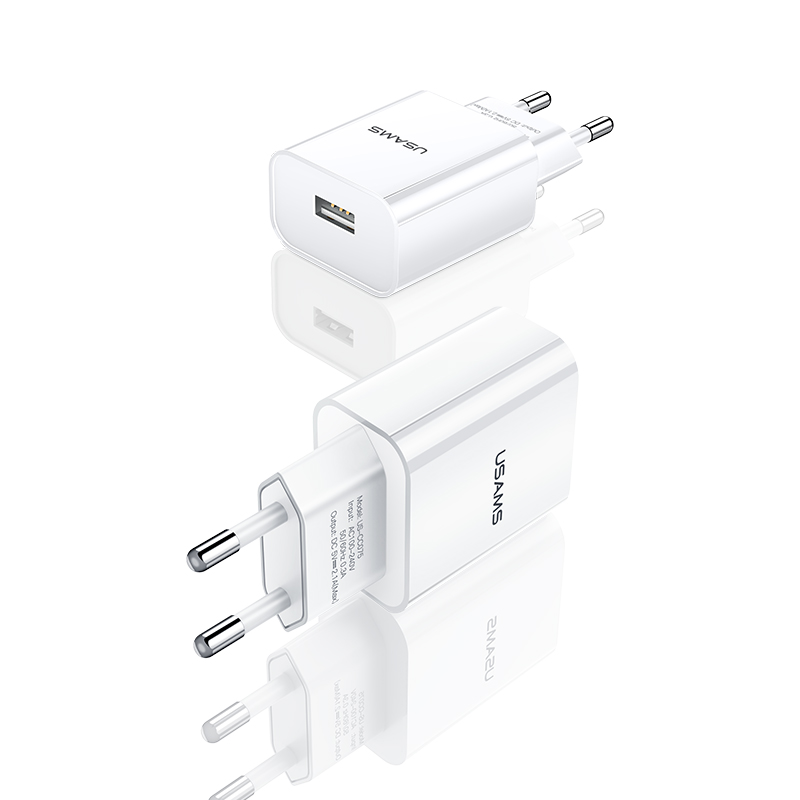 پک شارژر دیواری یوسمز USAMS مدل T21 شامل کلگی تک پورت T18 با توان 10.5W و کابل تایپ سی Type-C یک متری (کد T21OCTC01)  دوشاخه استاندارد ایران (EU Plug)، سفید