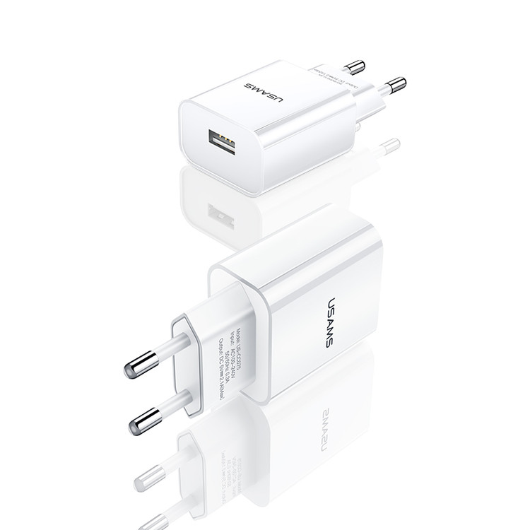 پک شارژر دیواری یوسمز USAMS مدل T21 شامل کلگی تک پورت T18 با توان 10.5W و کابل تایپ سی Type-C یک متری (کد T21OCTC01) دوشاخه استاندارد ایران (EU Plug)، سفید