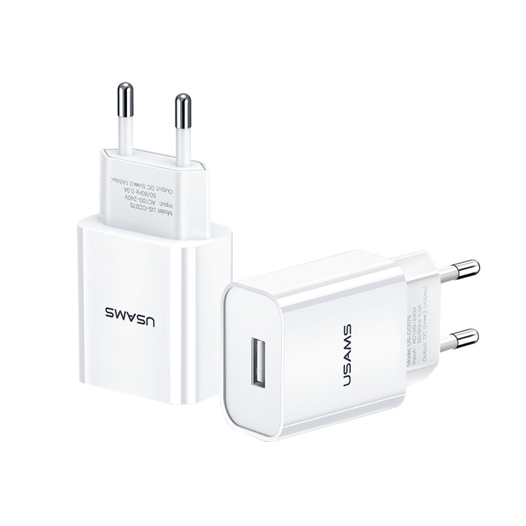 پک شارژر دیواری یوسمز USAMS مدل T21 شامل کلگی تک پورت T18 با توان 10.5W و کابل تایپ سی Type-C یک متری (کد T21OCTC01) | دوشاخه استاندارد ایران (EU Plug)، سفید