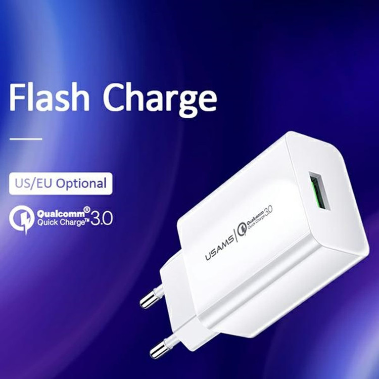 کیت شارژر دیواری فست شارژ ۱۸ وات یوسمز USAMS مدل T48 شامل کلگی تک پورت T22 با فناوری QC 3.0 و کابل تایپسی ۱ متری (کد T48OCLN01) | دوشاخه استاندارد ایران (EU Plug)، سفید