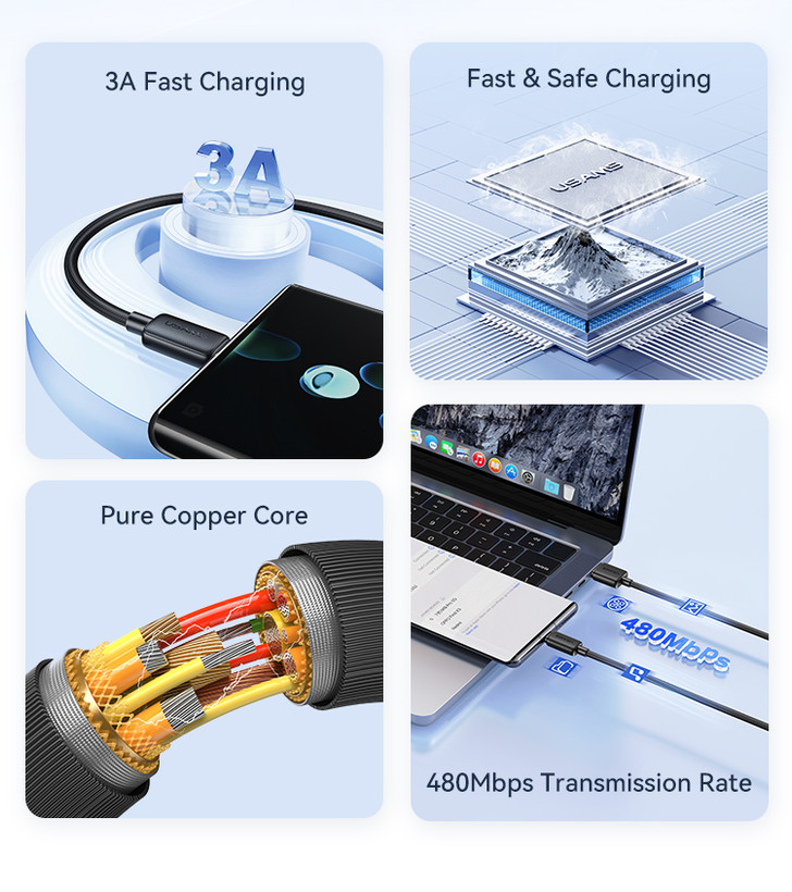 کابل تبدیل USB به Type-C یوسمز مدل US-SJ693 سری KY طول ۲ متر مشکی