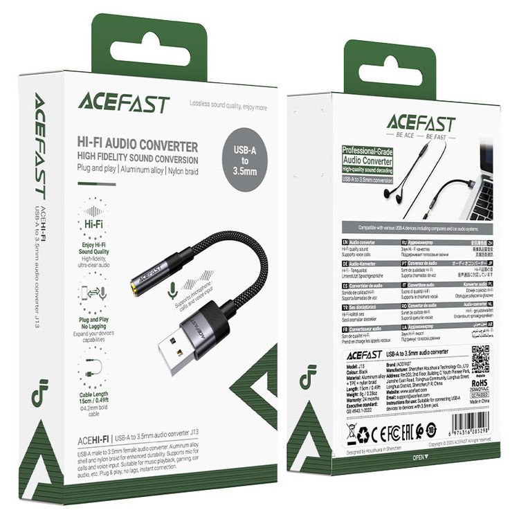 مبدل صوتی USB به جک ۳.۵ میلیمتری اِیس فست (Acefast) مدل J13 | کارت صدا اکسترنال USB-A به AUX مادگی، کیفیت Hi-Fi، پشتیبانی از میکروفون، کابل کنفی ۰.۱۵ متر