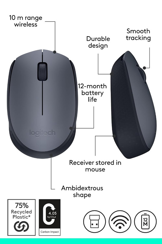 ماوس بیسیم لاجیتک (Logitech) مدل M170 | ماوس اداری و خانگی وایرلس 2.4GHz اپتیکال با برد ۱۰ متر، دانگل نانو USB و باتری با دوام ۱۲ ماه