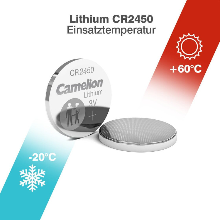 باتری سکهای لیتیومی ۳ ولت کملیون (Camelion) مدل CR2450 | باتری دکمهای با ظرفیت بالا 550mAh مناسب ریموت خودرو، دزدگیر و ترازو دیجیتال