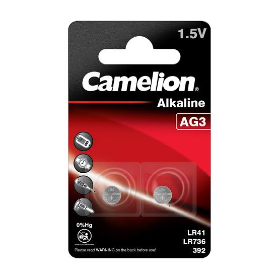 باتری ساعتی آلکالاین کملیون (Camelion) مدل AG3 LR41 بسته ۲ عددی باتری دکمهای ۱.۵ ولت مینیاتوری مناسب تبسنج دیجیتال، ساعت مچی و لیزر