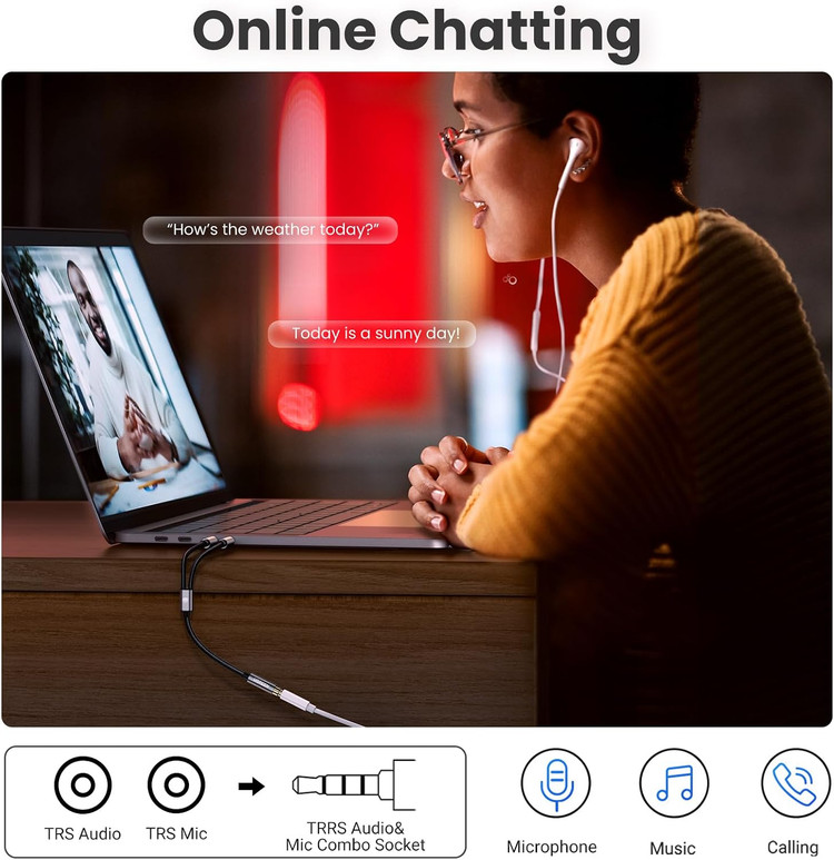 کابل تفکیک صدا و میکروفون یوگرین (UGREEN) مدل AV140 کد 20899B طول ۲۰ سانتیمتر روکش بافت مشکی | تبدیل ۱ به ۲ جک ۳.۵ میلیمتری هدست به کامپیوتر و لپتاپ