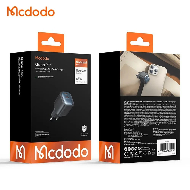 شارژر دیواری فستشارژ ۴۵ وات مکدودو مدل Mcdodo CH-1000 دو پورت Type-C مجهز به فناوری مینی GaN